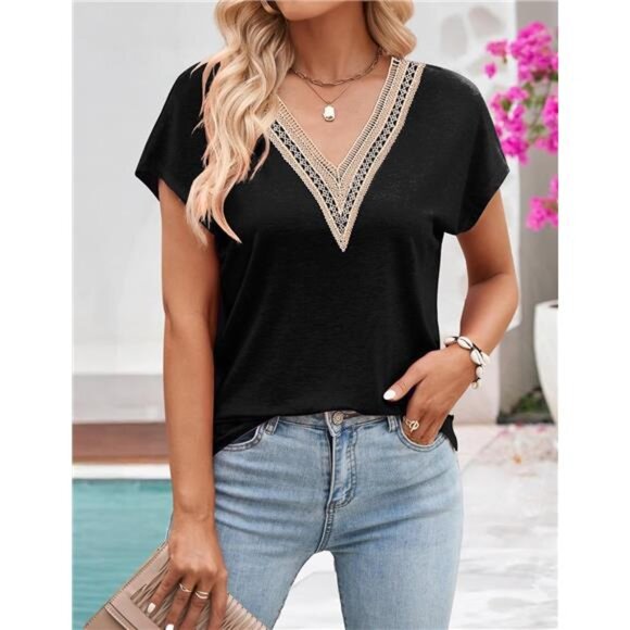 Women's Casual Cap Sleeve Lace Trim V Neck Tops 2025 Summer Loose Tee - Picture 2 of 7